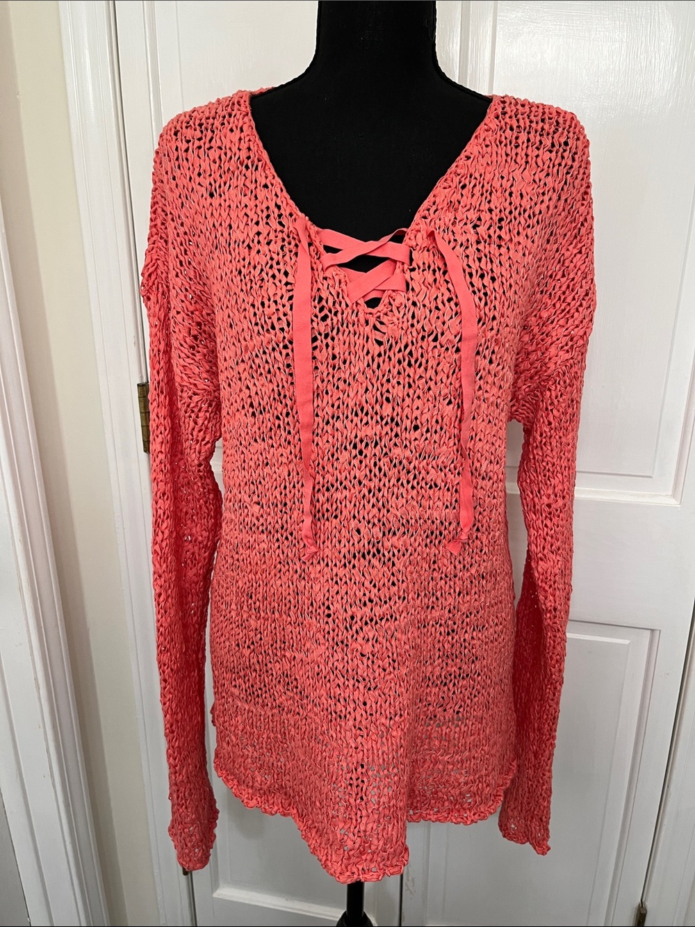 Sonoma Coral Open-Knit Lace-Up Sweater